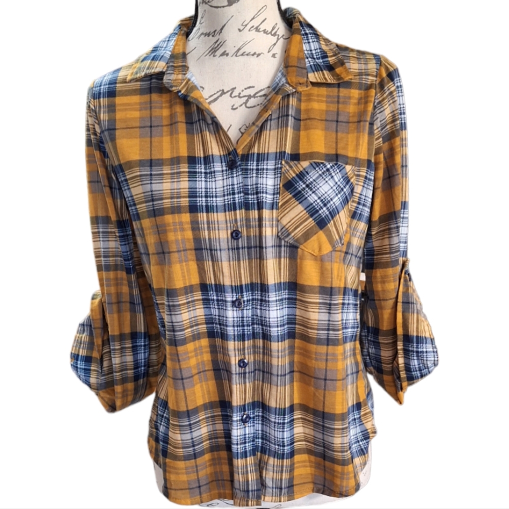Women Plaid Flannel Long Sleeve Top Size M